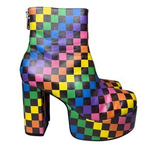 Dolls Kill Current Mood Rainbow Checkered Chunky Platform Ankle Boots Size 7M Y2